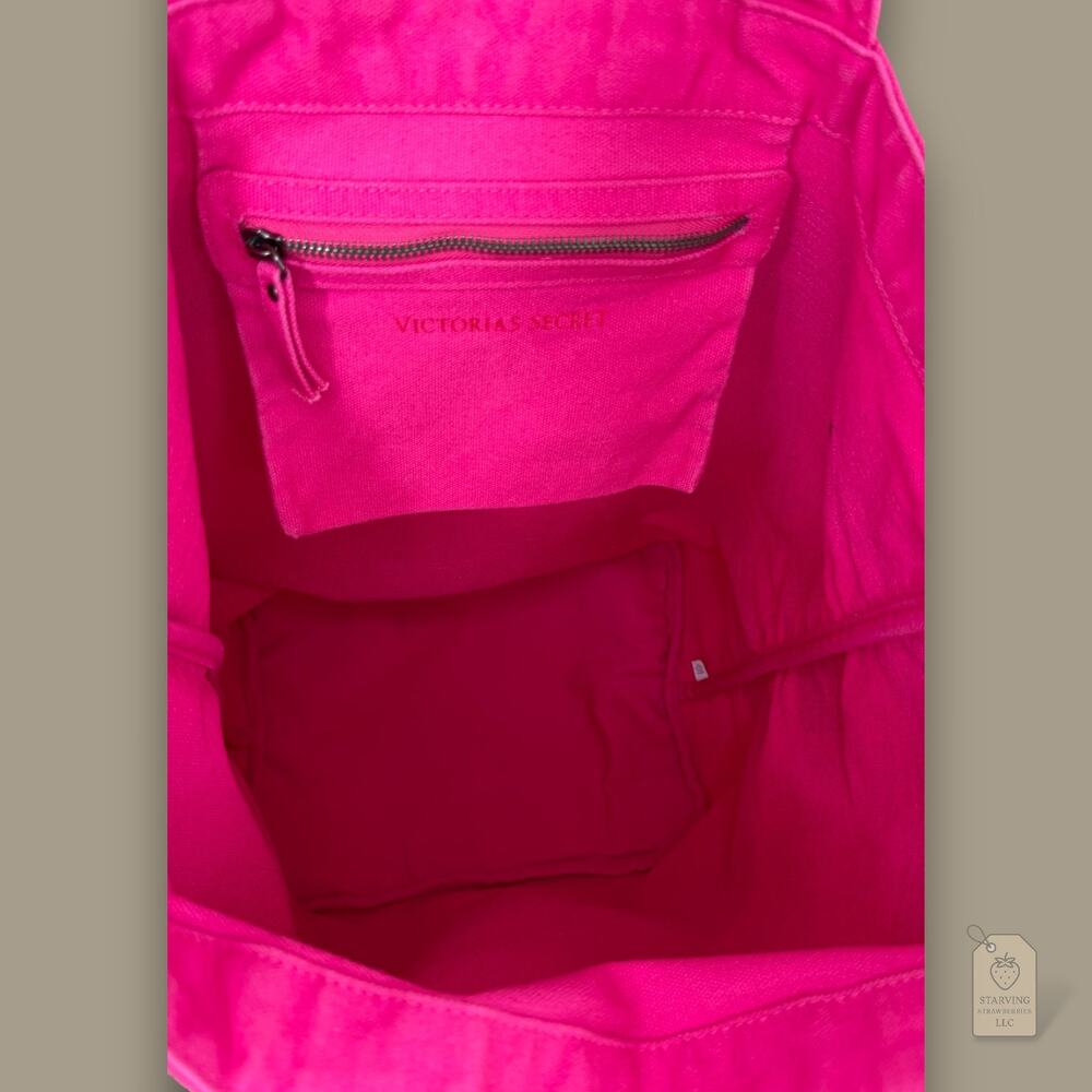 Victoria’s Secret Large Hot Pink Canvas Tote Bag Red Sequin Stripe Shopper 2011 - Picture 4 of 7